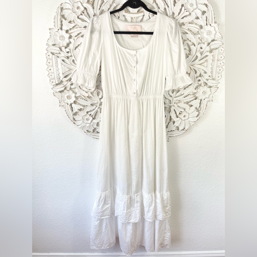 {Gal Meets Glam} Anthropologie Blakely White Cotton Ruffle Midi Dress, Size 2